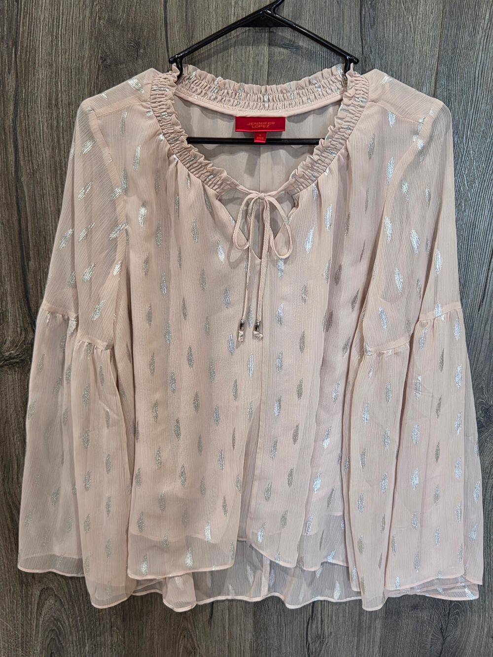 Jennifer Lopez Pink Semi-Sheer Long-Sleeve Blouse Silver Foil Print Size L